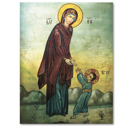 Wooden Orthodox icon of the First Steps of Jesus Christ reaching out to the Virgin Mary