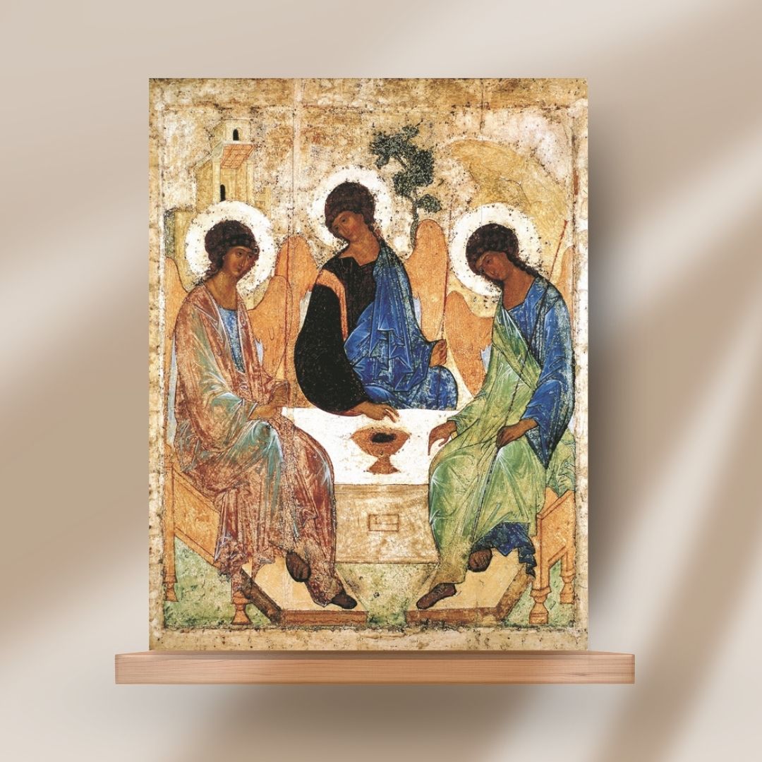 The Holy Trinity by Andrei Rublev. Wooden orthodox icon