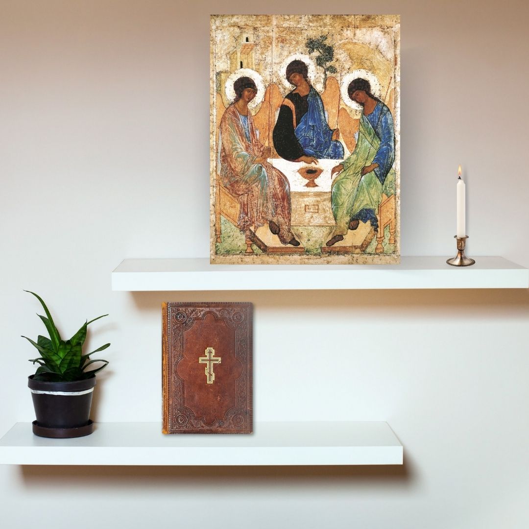 The Holy Trinity by Andrei Rublev. Wooden orthodox icon