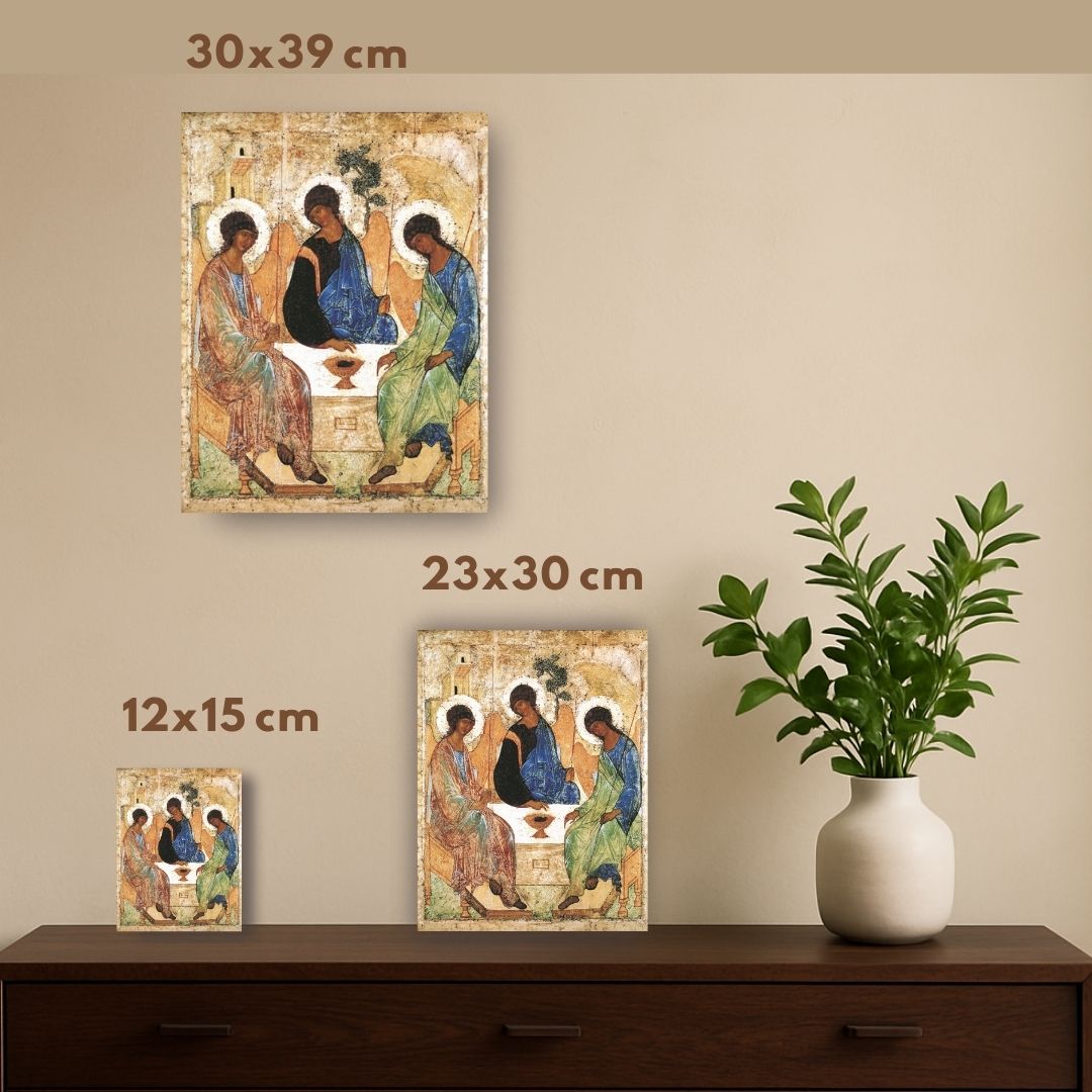 The Holy Trinity by Andrei Rublev. Wooden orthodox icon