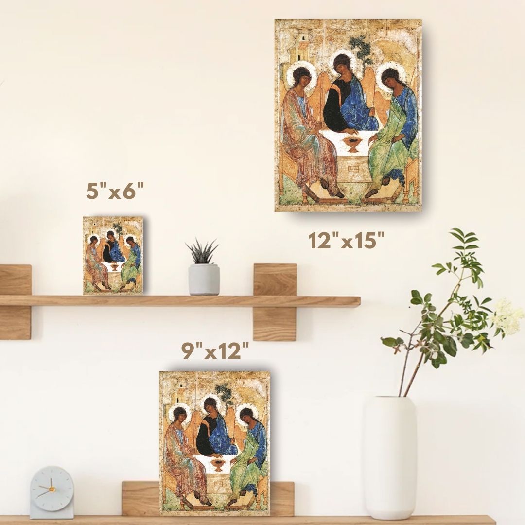 The Holy Trinity by Andrei Rublev. Wooden orthodox icon