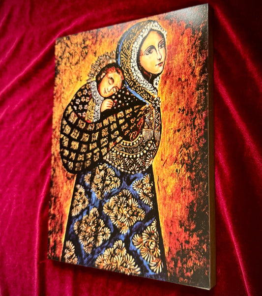 Virgin Mary icon with Baby Jesus wrapped in a scarf and resting on her shoulder