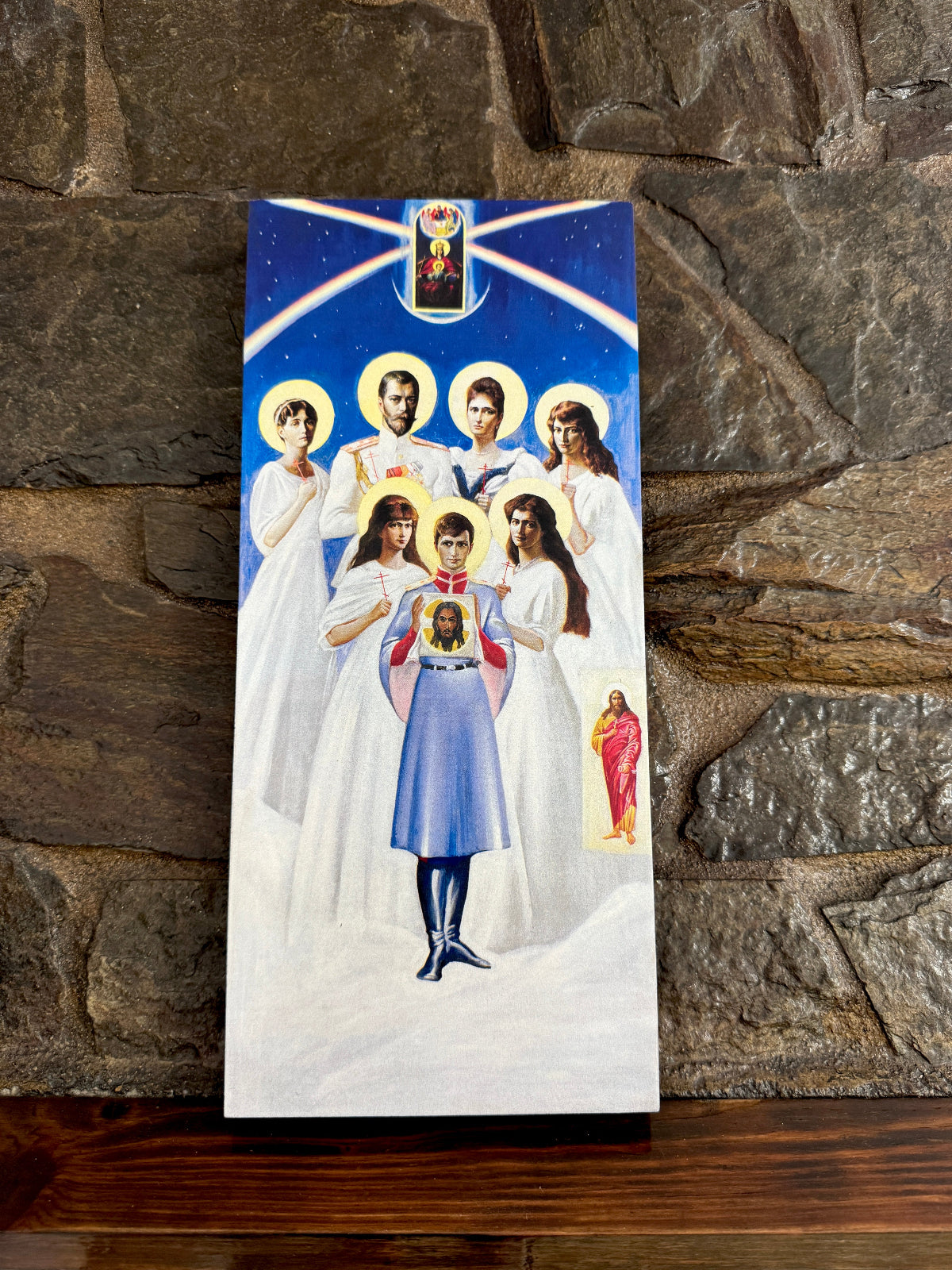 The Royal Passion-Bearers Family  Romanov icon — Tsar Nicholas II, Tsarina Alexandra Feodorovna, and their children Olga, Tatiana, Maria, Anastasia, and Tsarevich Alexei