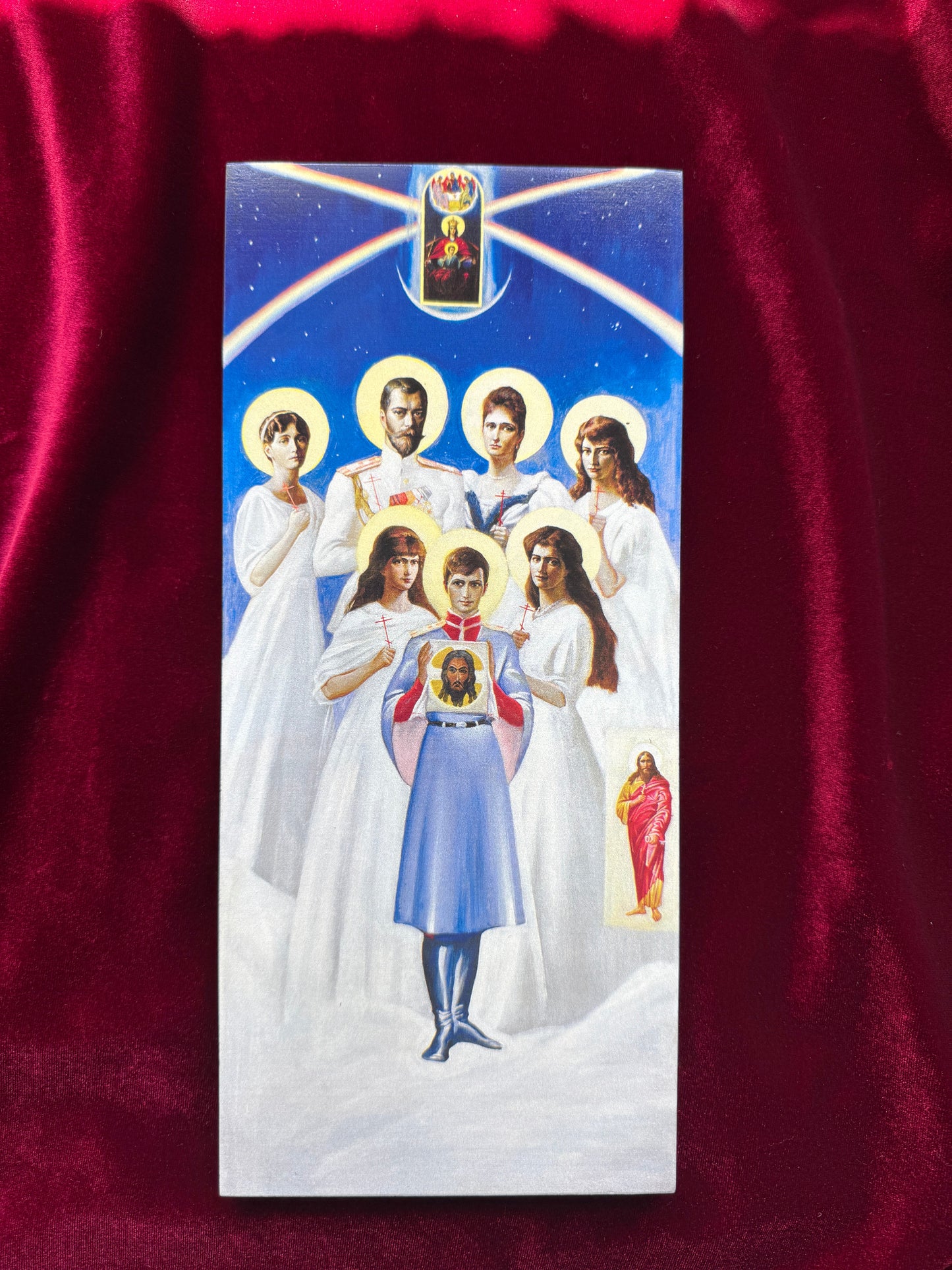 The Royal Passion-Bearers Romanov icon — Tsar Nicholas II, Tsarina Alexandra Feodorovna, and their children Olga, Tatiana, Maria, Anastasia, and Tsarevich Alexei