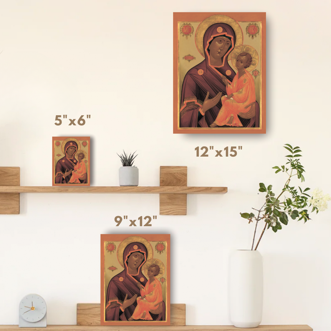 Icon of Tikhvin Theotokos surrounded by gold tones, for Orthodox believers and collectors