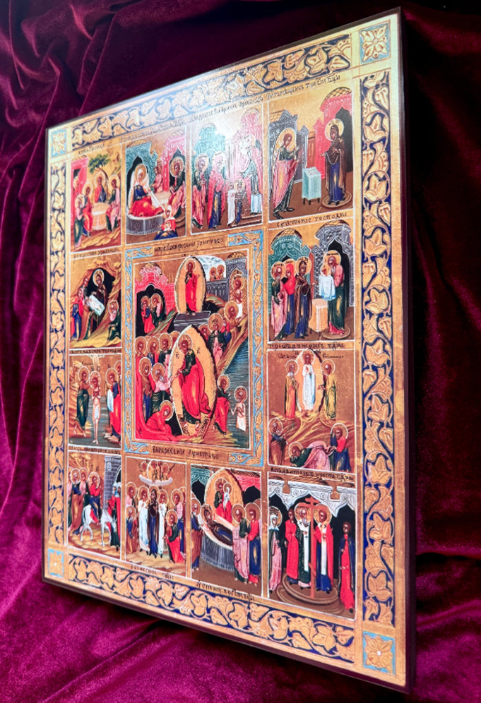 Twelve Great Feasts and the Resurrection of Christ wooden icon