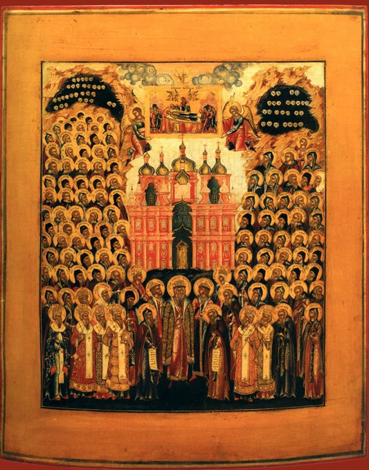 The Assembly of the Venerable Fathers of the Kiev Caves Saints. Wooden orthodox icon.