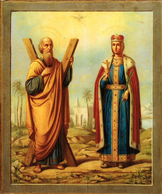 Saints St. Andrew the First-Called or Andrew the Apostle and Queen Alexandra of Rome. Wooden orthodox icon.