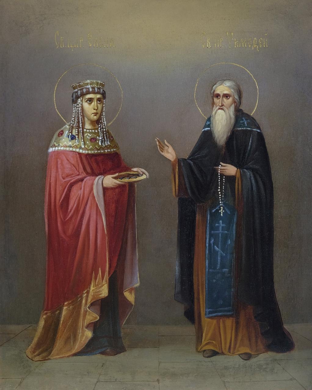 Saints Helena, the Equal-to-the-Apostles and Queen, and Timothy the Hermit of Olympus. Wooden orthodox icon.