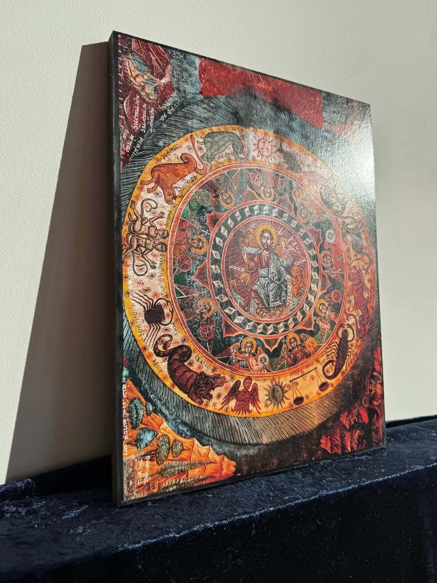 Christ Pantocrator Icon – Surrounded by Zodiac, Angels, and Evangelists 19th Century Orthodox Fresco - iconsofsaints.com