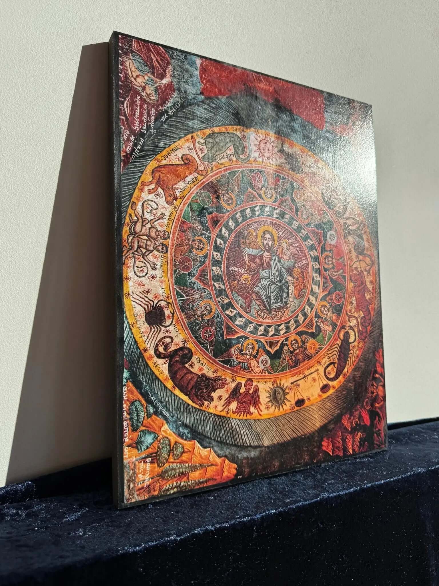 Christ Pantocrator Icon – Surrounded by Zodiac, Angels, and Evangelists 19th Century Orthodox Fresco - iconsofsaints.com