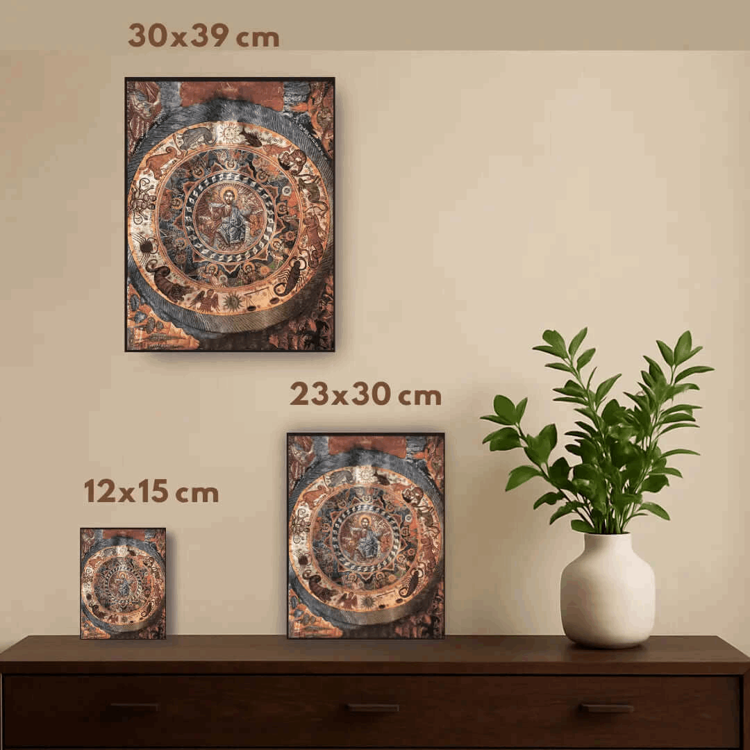 Christ Pantocrator Icon – Surrounded by Zodiac, Angels, and Evangelists 19th Century Orthodox Fresco - iconsofsaints.com