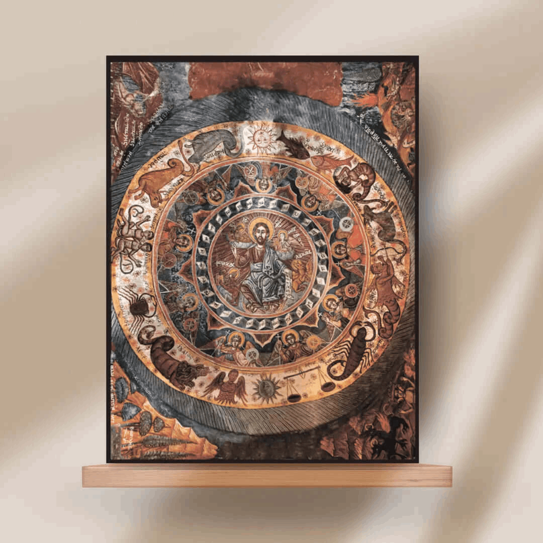 Christ Pantocrator Icon – Surrounded by Zodiac, Angels, and Evangelists 19th Century Orthodox Fresco - iconsofsaints.com