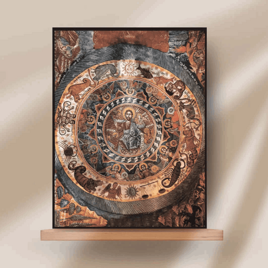 Christ Pantocrator Icon – Surrounded by Zodiac, Angels, and Evangelists 19th Century Orthodox Fresco - iconsofsaints.com