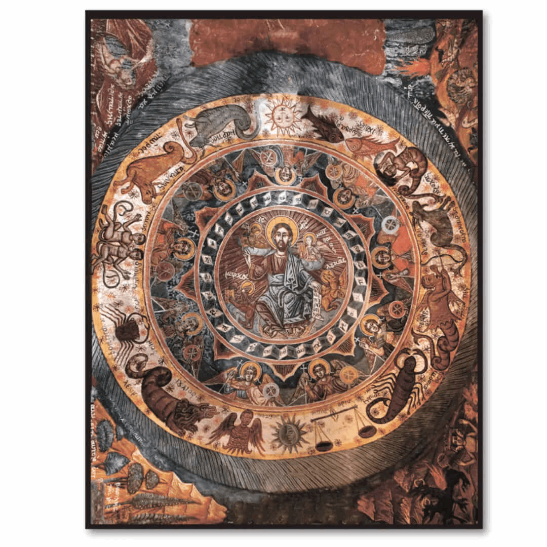 Christ Pantocrator Icon – Surrounded by Zodiac, Angels, and Evangelists 19th Century Orthodox Fresco - iconsofsaints.com