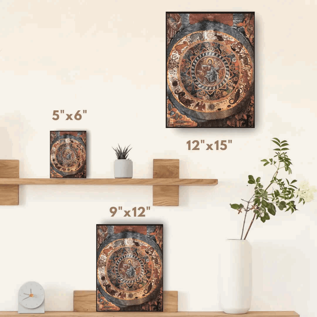 Christ Pantocrator Icon – Surrounded by Zodiac, Angels, and Evangelists 19th Century Orthodox Fresco - iconsofsaints.com