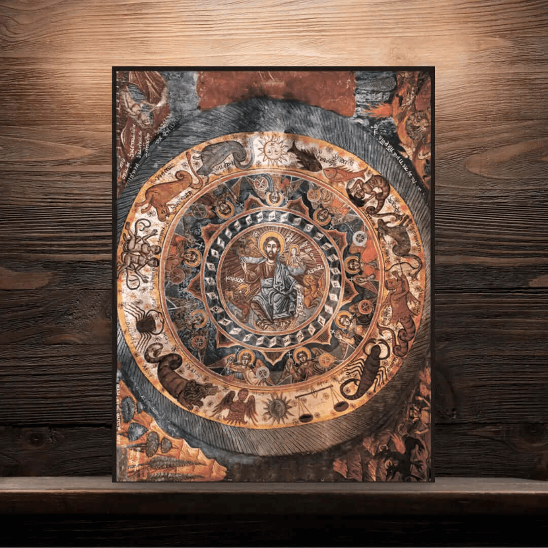 Christ Pantocrator Icon – Surrounded by Zodiac, Angels, and Evangelists 19th Century Orthodox Fresco - iconsofsaints.com