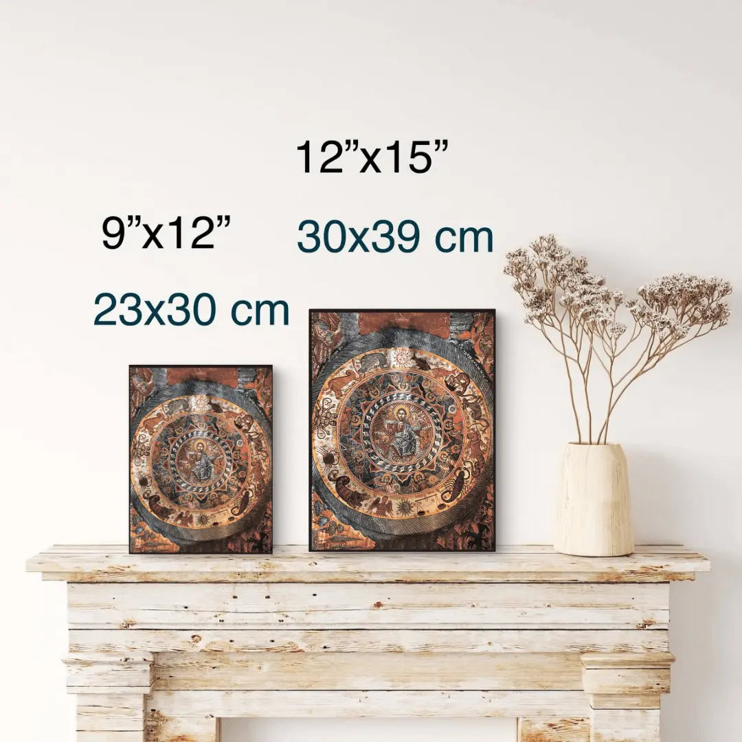 Christ Pantocrator Icon – Surrounded by Zodiac, Angels, and Evangelists 19th Century Orthodox Fresco - iconsofsaints.com