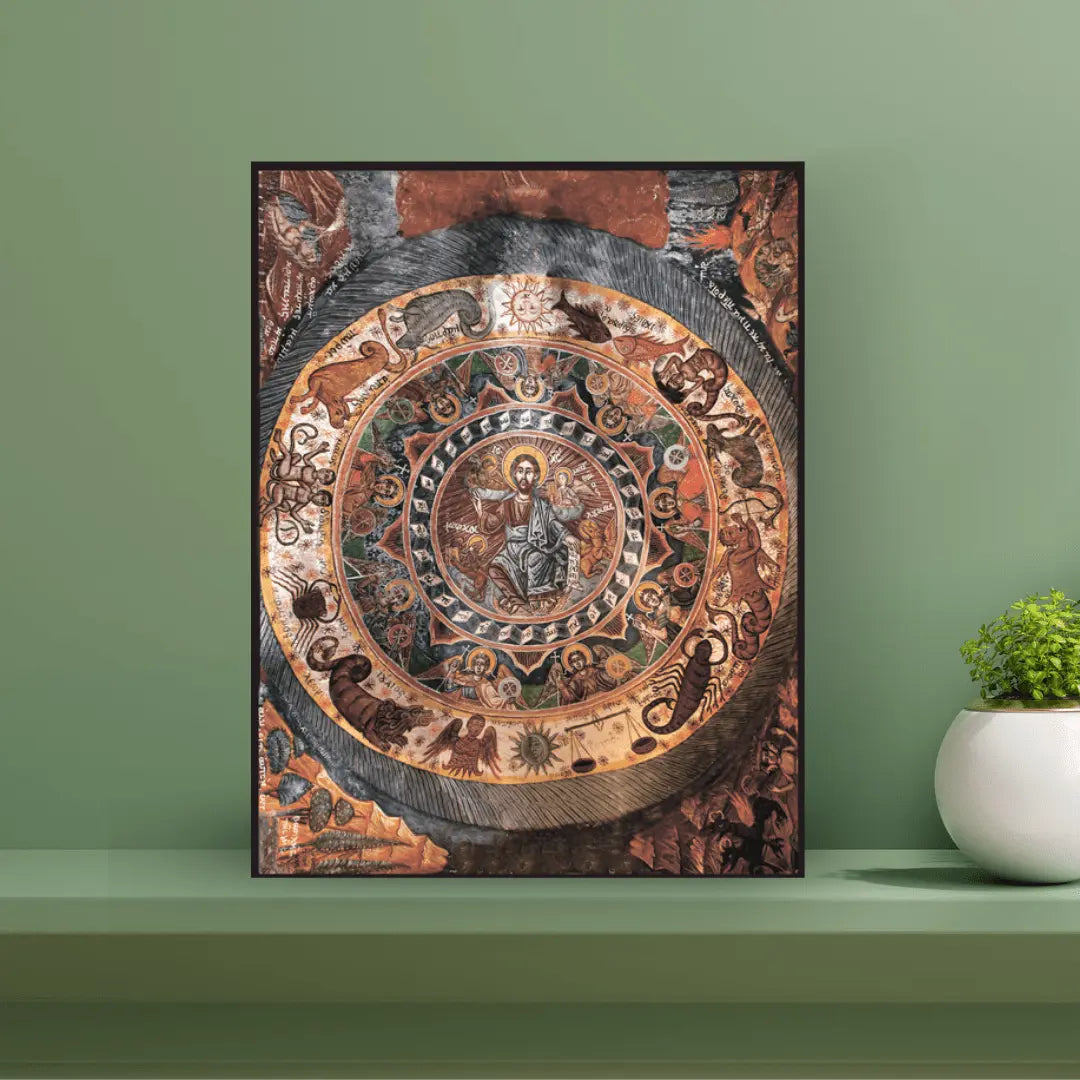 Christ Pantocrator Icon – Surrounded by Zodiac, Angels, and Evangelists 19th Century Orthodox Fresco - iconsofsaints.com