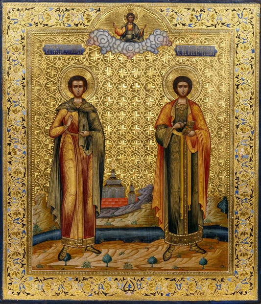 Tryphon Holy Martyr of Apamea and the holy healer Panteleimon. Wooden orthodox icon