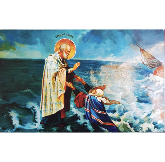 Wooden Icon of Saint Nicholas the Wonderworker. Miracle of salvation at sea.