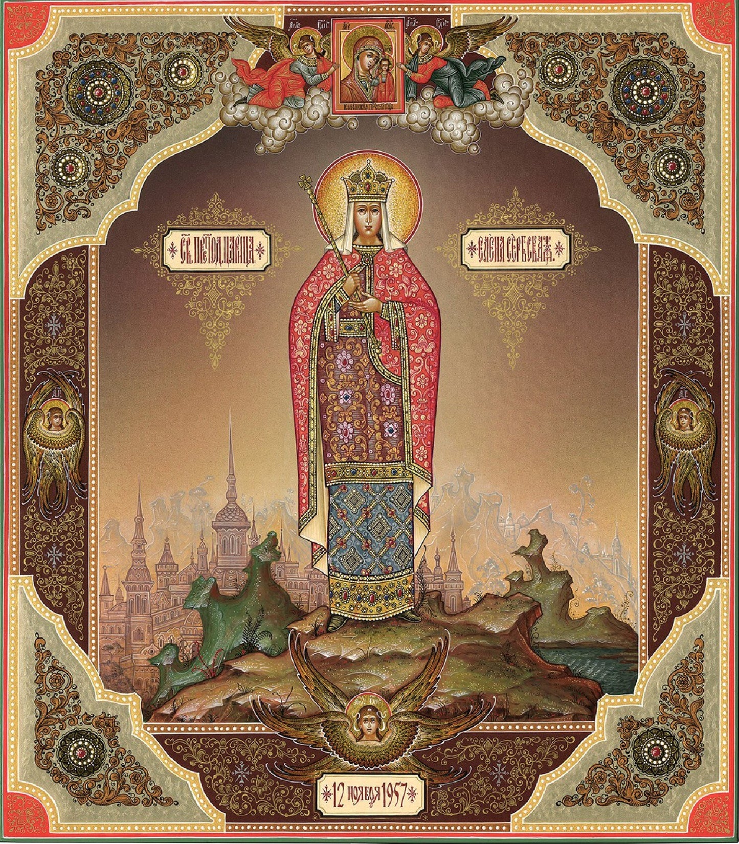 Saint Venerable Queen Helen of Serbia. Wooden orthodox icon.