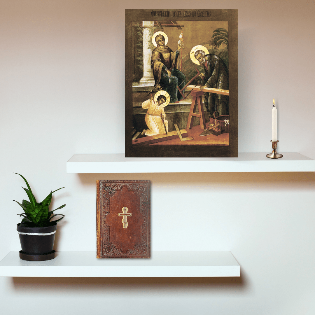 Holy Family Icon Physical Labor of Jesus, Mary and Joseph Orthodox Christian Handmade Icon on Wood - iconsofsaints.com