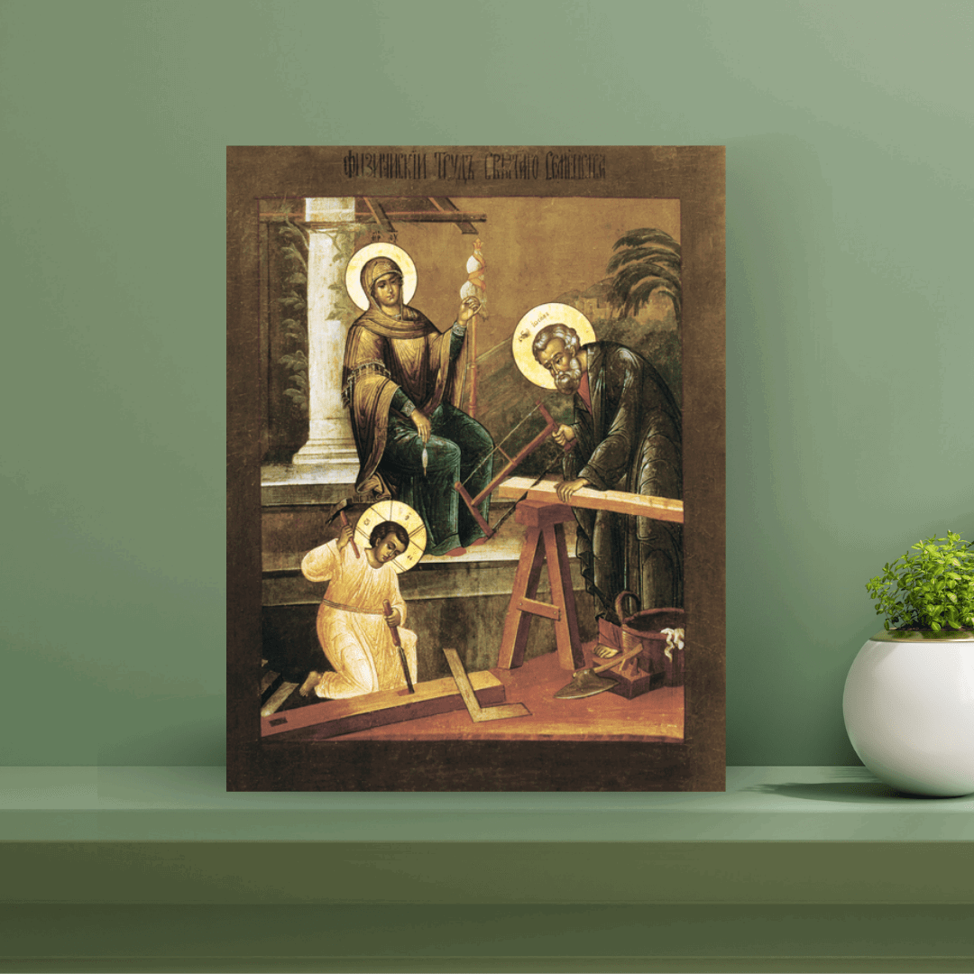 Holy Family Icon Physical Labor of Jesus, Mary and Joseph Orthodox Christian Handmade Icon on Wood - iconsofsaints.com