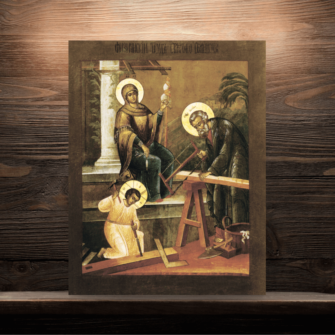 Holy Family Icon Physical Labor of Jesus, Mary and Joseph Orthodox Christian Handmade Icon on Wood - iconsofsaints.com