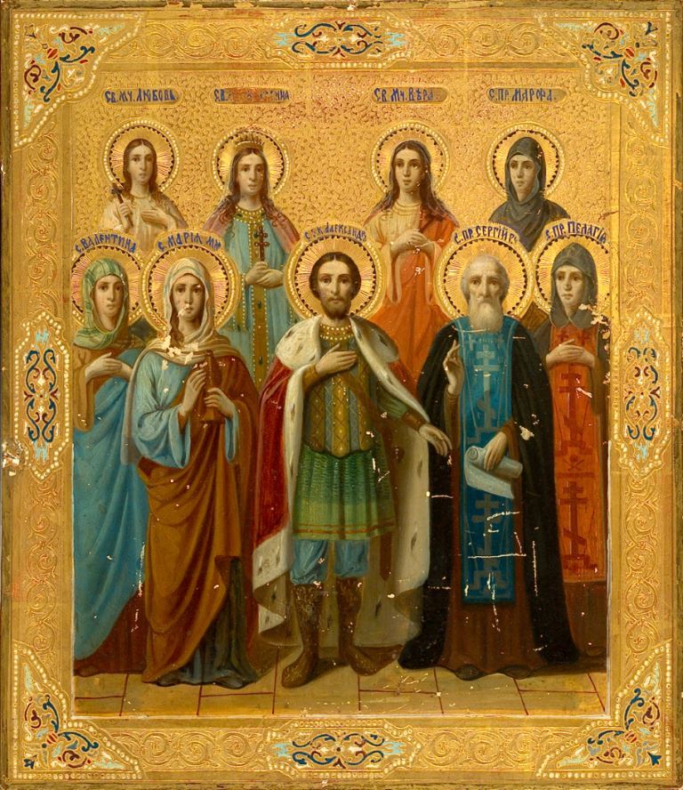 Alexander Yaroslavich Nevsky, holy noble Grand Duke with the saints. Prince of Novgorod, Grand Prince of Vladimir. Wooden orthodox icon.