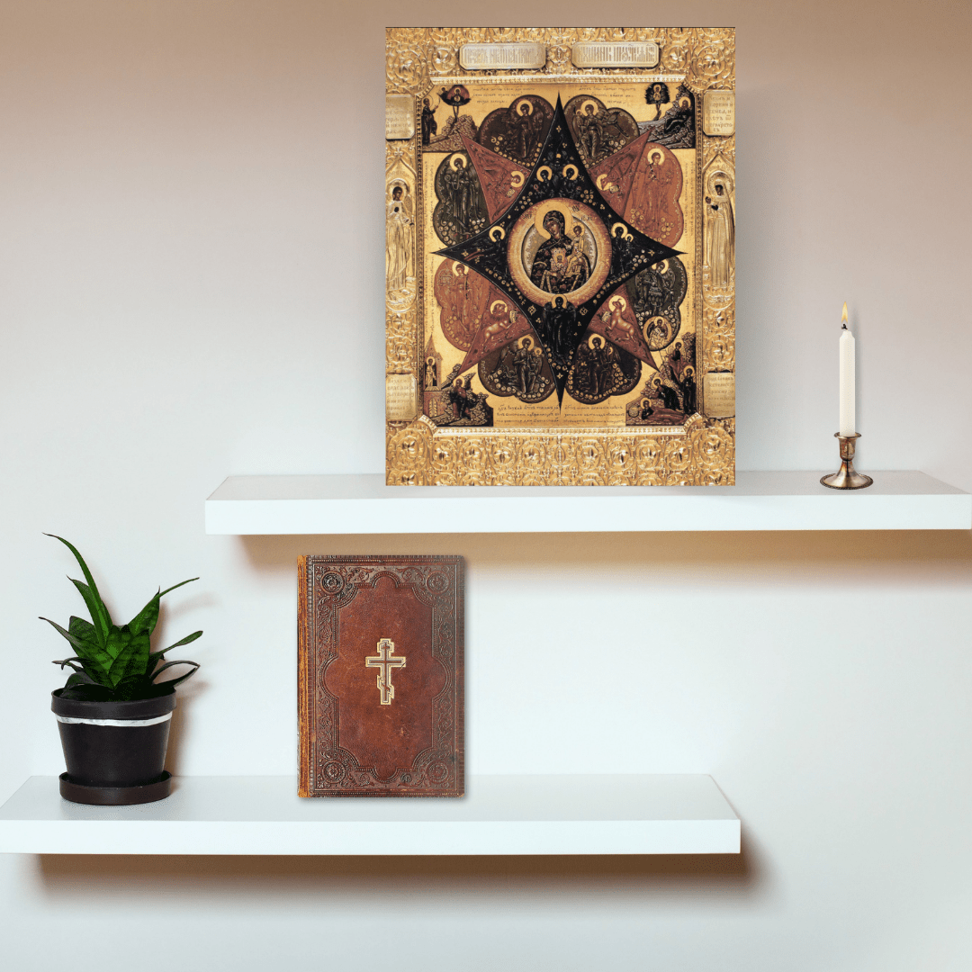 Mother of God Icon “The Unburnt Bush” Orthodox Fire Protection Icon Handmade Wooden Wall Art Theotokos with Angels and Evangelists - iconsofsaints.com