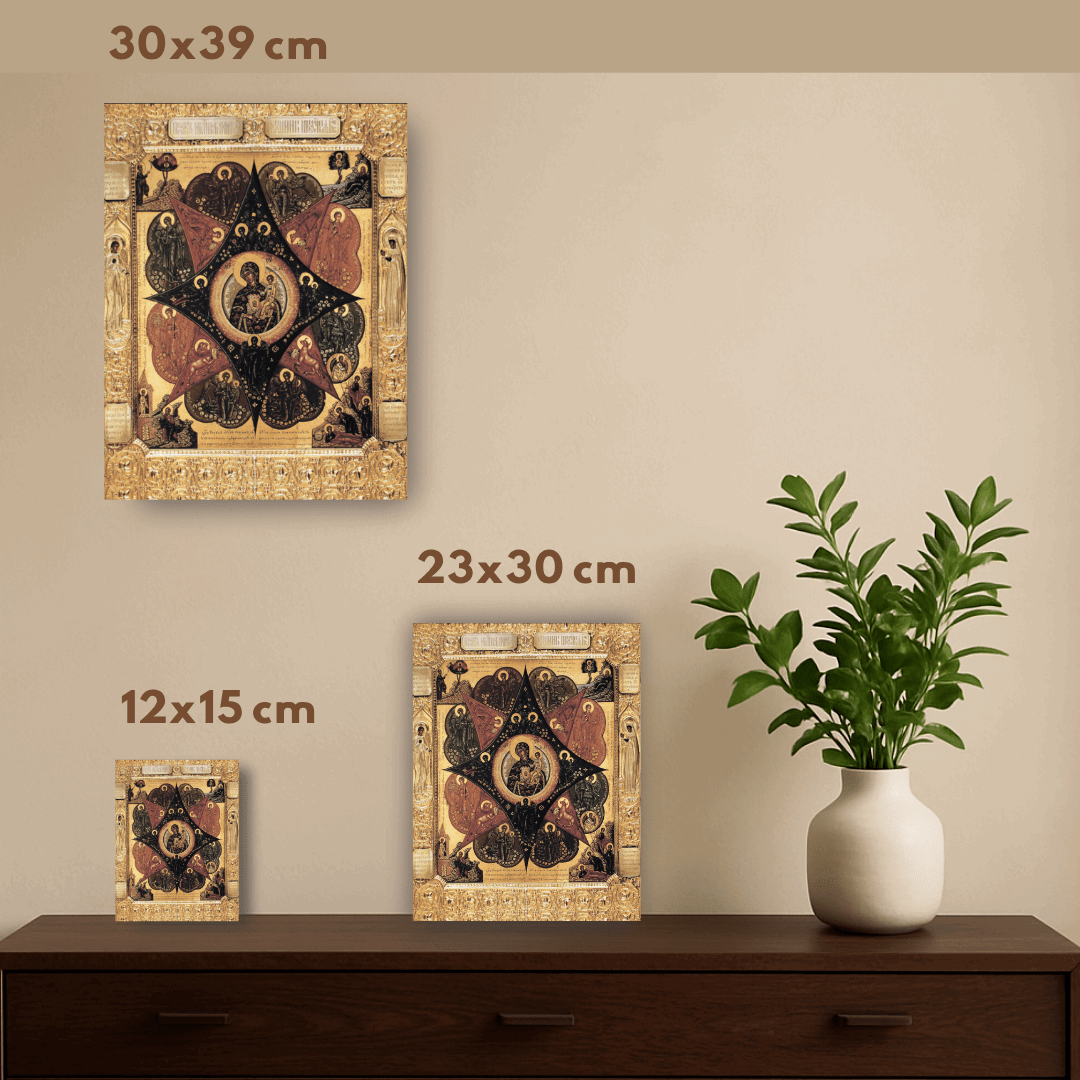 Mother of God Icon “The Unburnt Bush” Orthodox Fire Protection Icon Handmade Wooden Wall Art Theotokos with Angels and Evangelists - iconsofsaints.com
