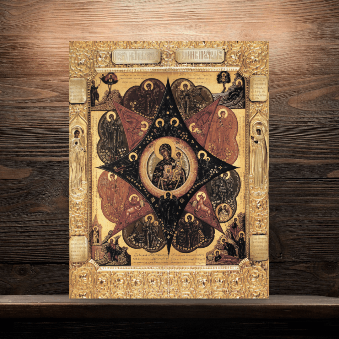 Mother of God Icon “The Unburnt Bush” Orthodox Fire Protection Icon Handmade Wooden Wall Art Theotokos with Angels and Evangelists - iconsofsaints.com