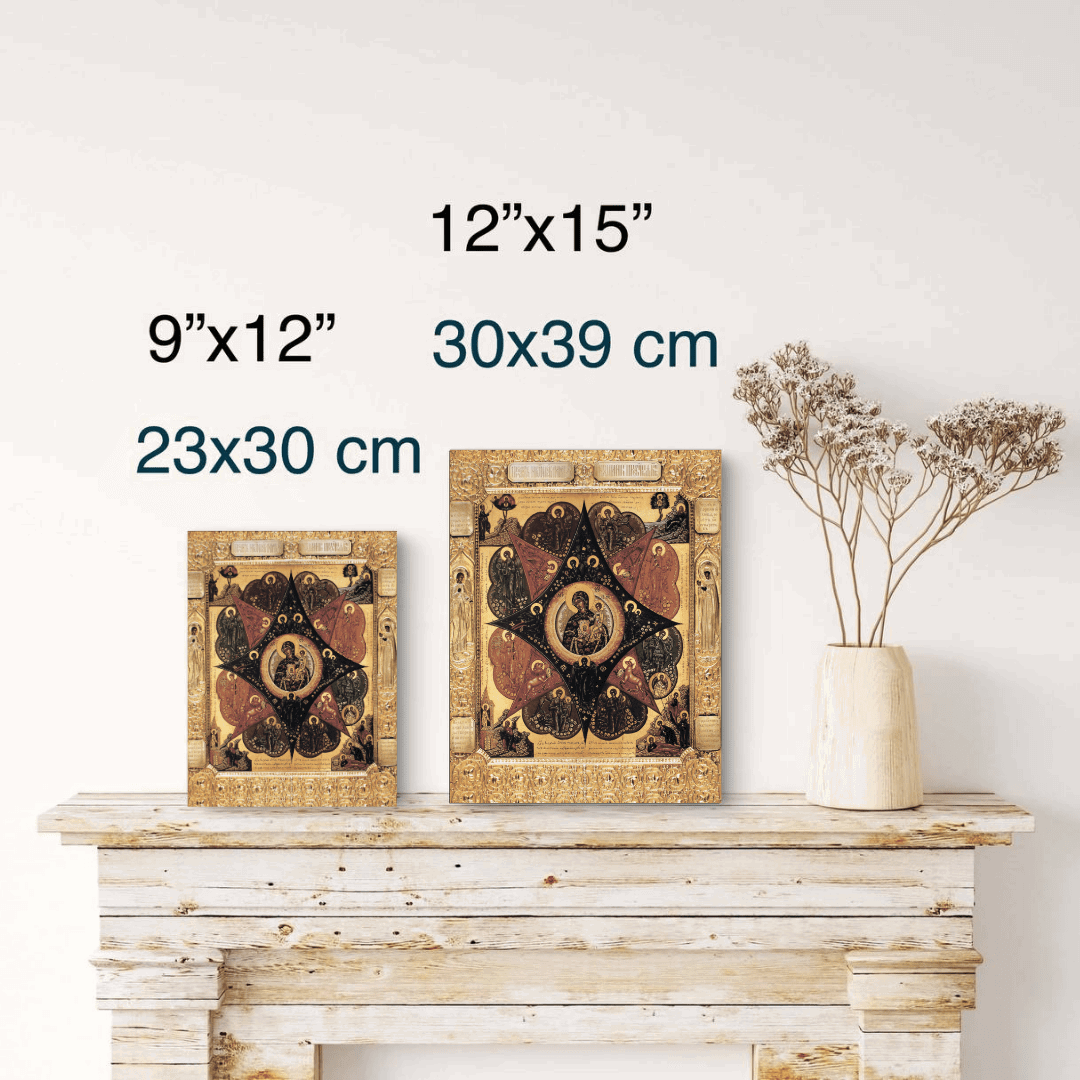 Mother of God Icon “The Unburnt Bush” Orthodox Fire Protection Icon Handmade Wooden Wall Art Theotokos with Angels and Evangelists - iconsofsaints.com
