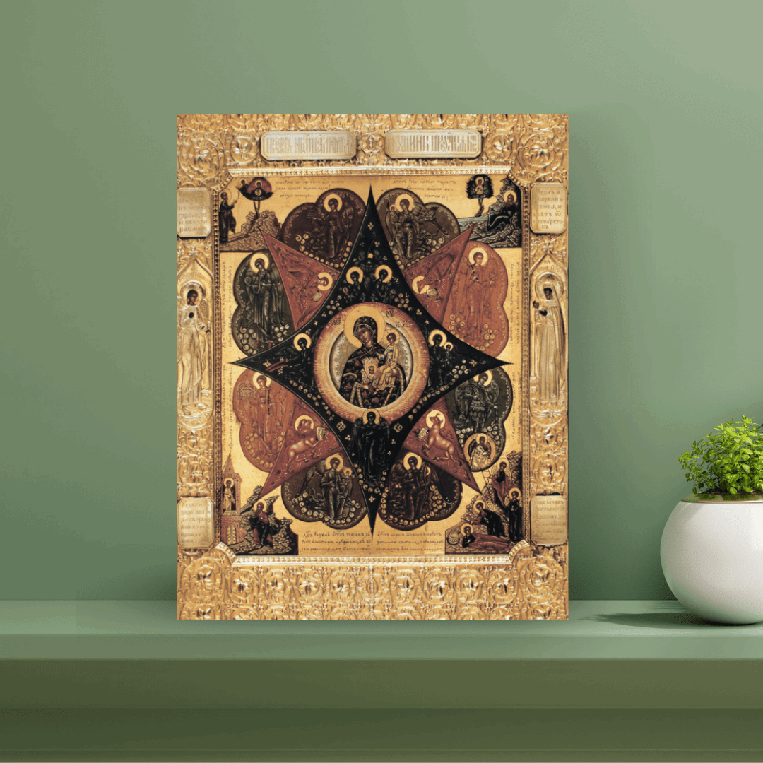 Mother of God Icon “The Unburnt Bush” Orthodox Fire Protection Icon Handmade Wooden Wall Art Theotokos with Angels and Evangelists - iconsofsaints.com