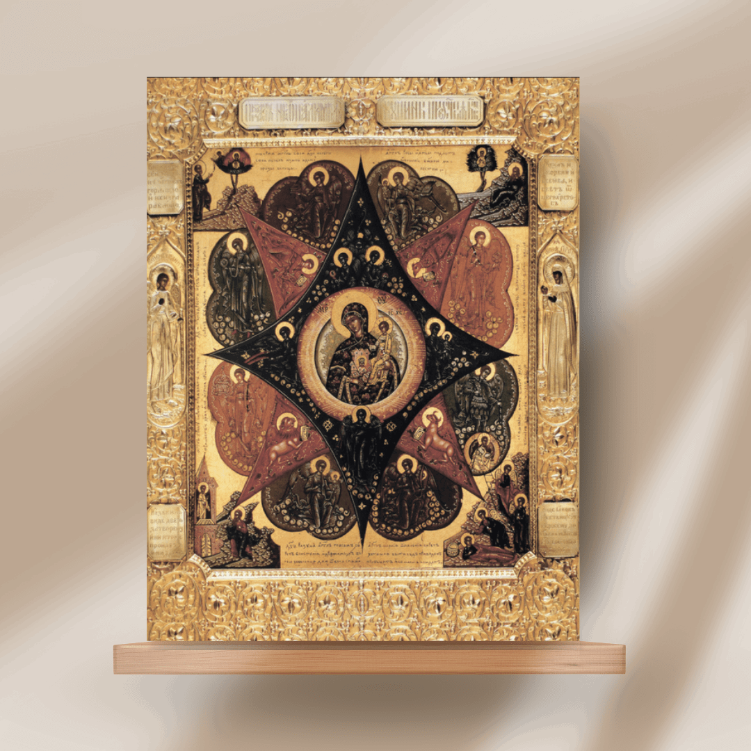 Mother of God Icon “The Unburnt Bush” Orthodox Fire Protection Icon Handmade Wooden Wall Art Theotokos with Angels and Evangelists - iconsofsaints.com