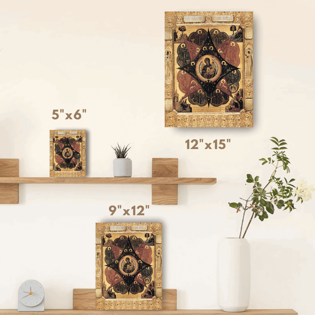 Mother of God Icon “The Unburnt Bush” Orthodox Fire Protection Icon Handmade Wooden Wall Art Theotokos with Angels and Evangelists - iconsofsaints.com