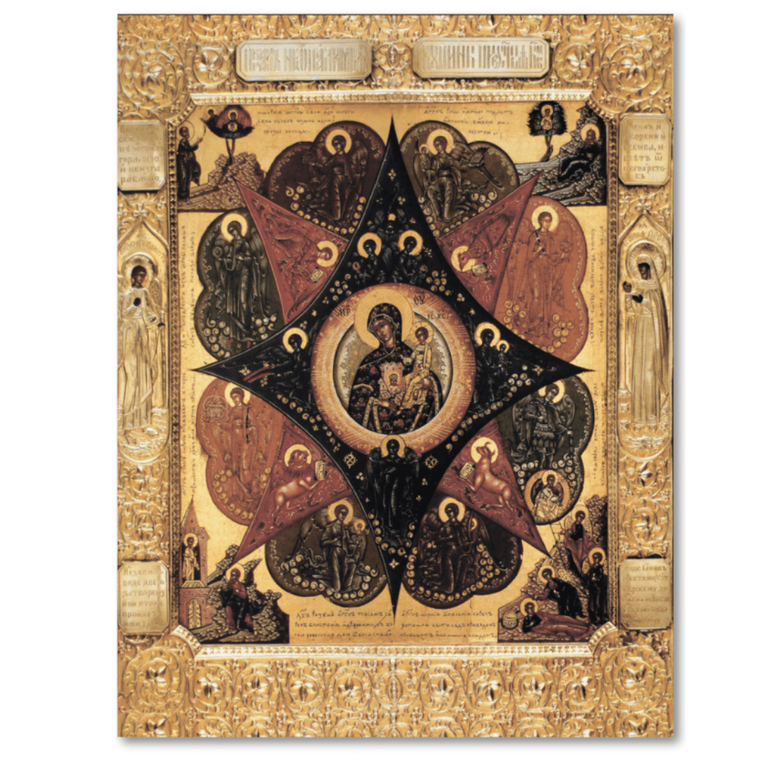Mother of God Icon “The Unburnt Bush” Orthodox Fire Protection Icon Handmade Wooden Wall Art Theotokos with Angels and Evangelists - iconsofsaints.com