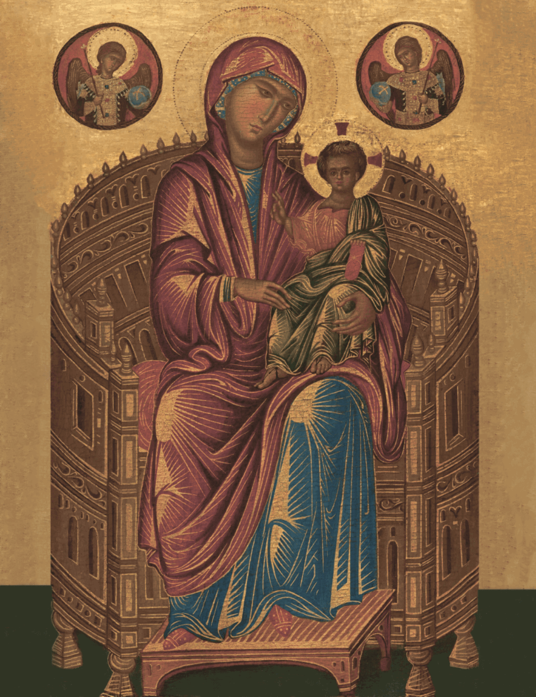 Orthodox Icon of the Mother of God Hodegetria on Throne with Christ – Byzantine 13th Century Icon Reproduction - iconsofsaints.com