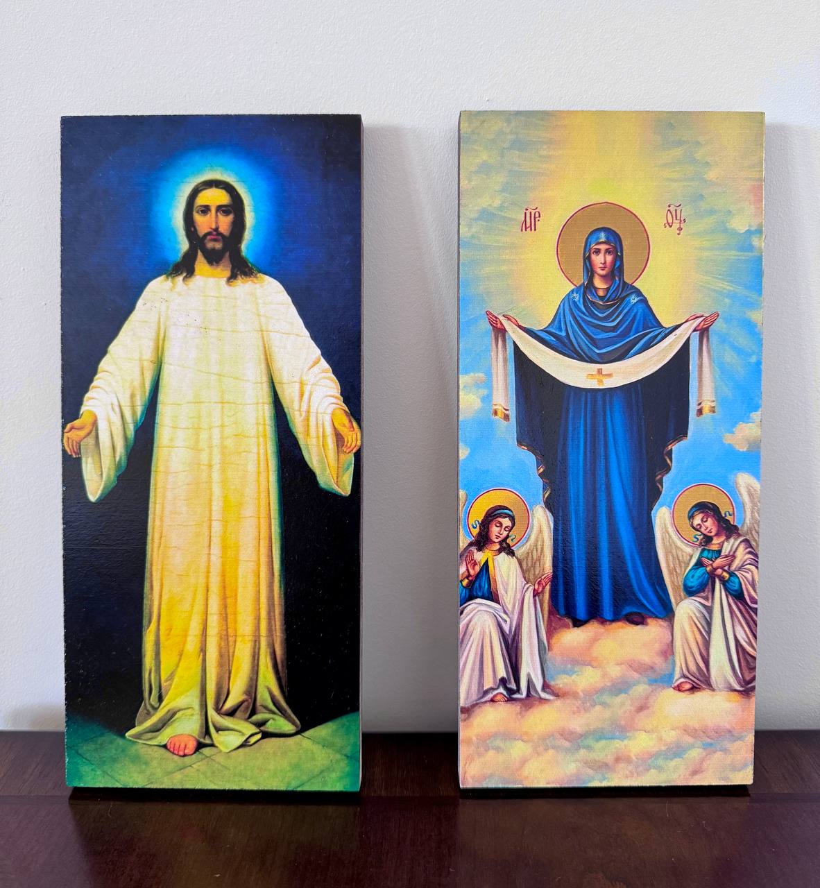 Orthodox Icon Set Jesus Christ and Virgin Mary with Angels Wooden Wall Art - iconsofsaints.com