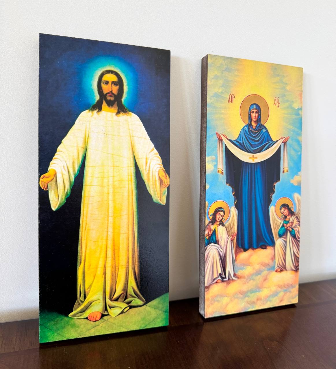 Orthodox Icon Set Jesus Christ and Virgin Mary with Angels Wooden Wall Art - iconsofsaints.com
