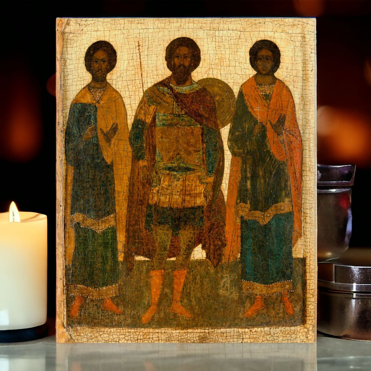 Wooden Icon of Saints Theodore Stratilates, Florus and Laurus