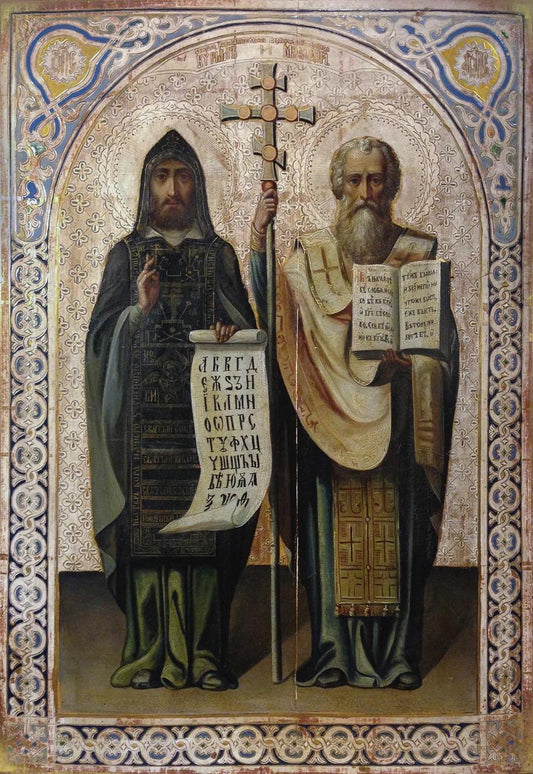 Equal-to-the-Apostles Saints Cyril and Methodius. Wooden orthodox icon.