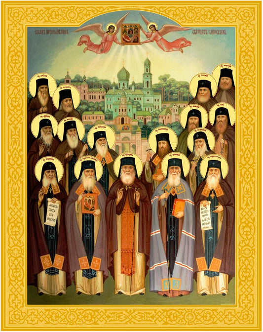 The Assembly of the Venerable Glinsk Holy Fathers. Wooden orthodox icon.