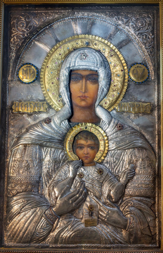 Mother of God Virgin Mary the Theotokos "Panagia Eleftherotria" from the Catholicon, Holy Sepulchre, Jerusalem. Wooden orthodox icon