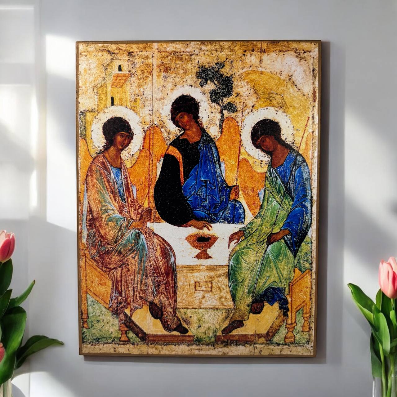 The Holy Trinity by Andrei Rublev. Wooden orthodox icon