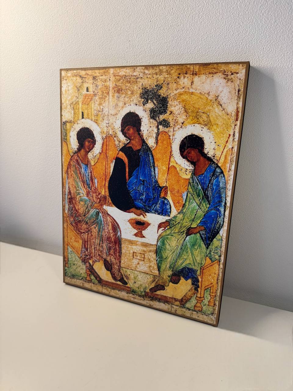 The Holy Trinity by Andrei Rublev. Wooden orthodox icon