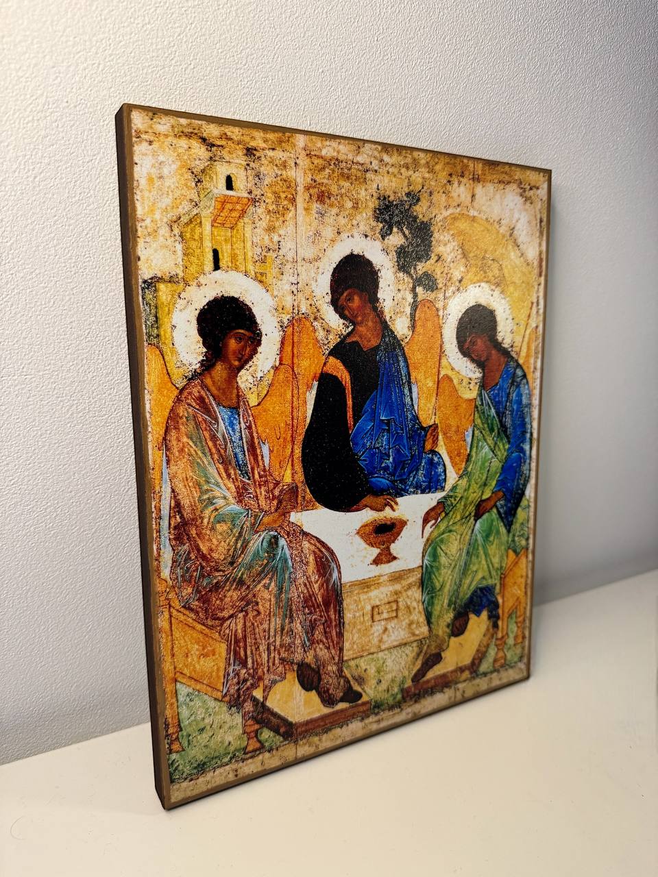 The Holy Trinity by Andrei Rublev. Wooden orthodox icon