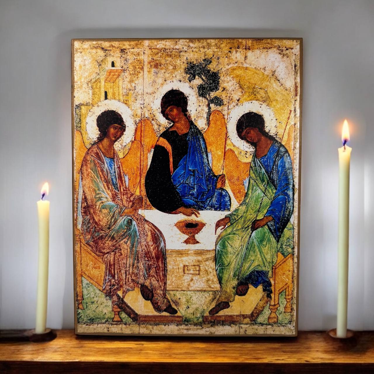 The Holy Trinity by Andrei Rublev. Wooden orthodox icon