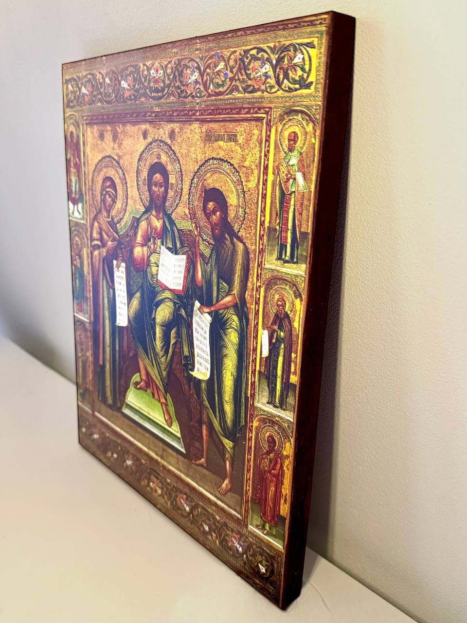 Wooden Icon of Deisus (Deisis). The image of Jesus Christ with the upcoming Mother of God and John the Forerunner